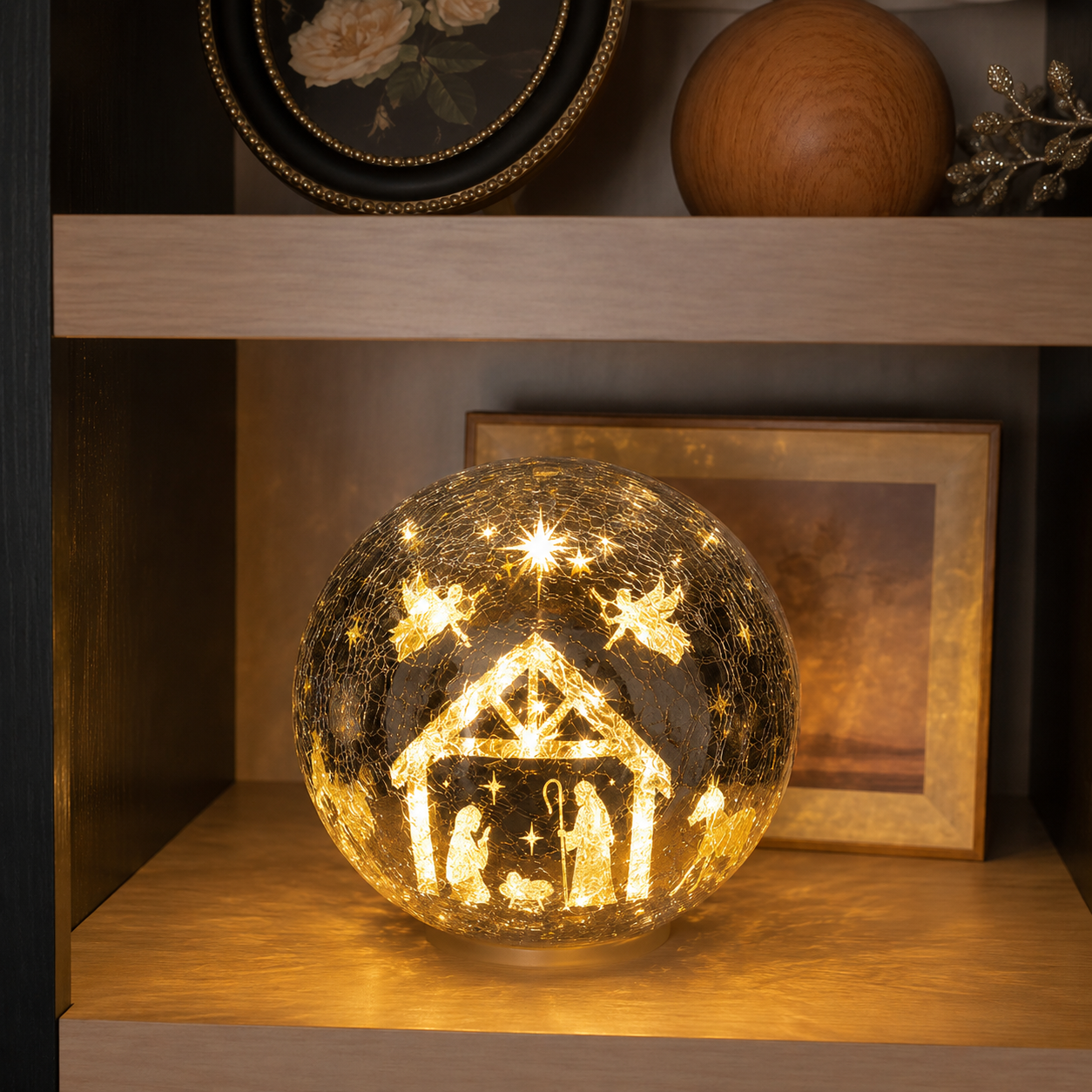TYIIPLUS™ Illuminated Crackle Glass Sphere with Hidden Nativity Scene – Warm LED Christmas Table Decor