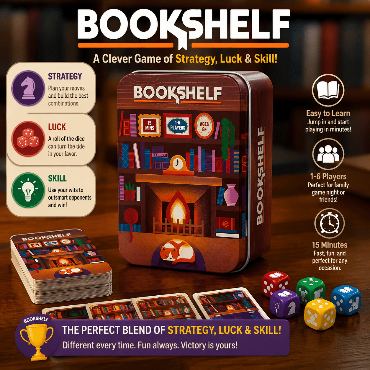 📚🎲Bookshelf Cooperative Stacking Game | Skill & Balance Card and Book Tower Game in Travel Tin