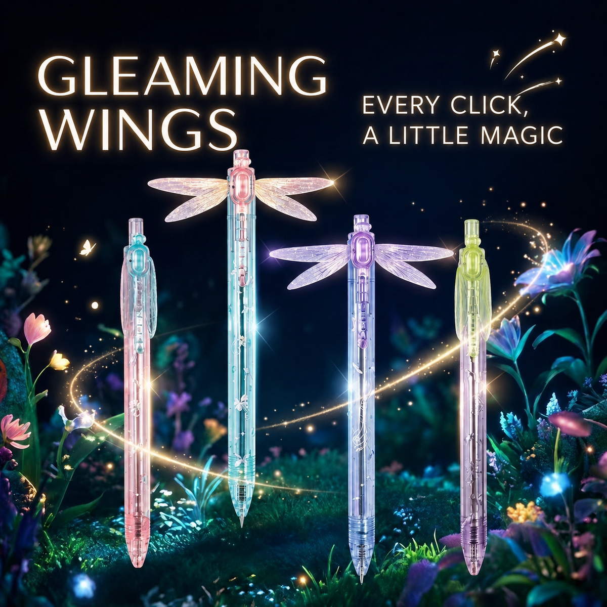 Four Gleaming Wings Dragonfly Pens in a dreamy night garden