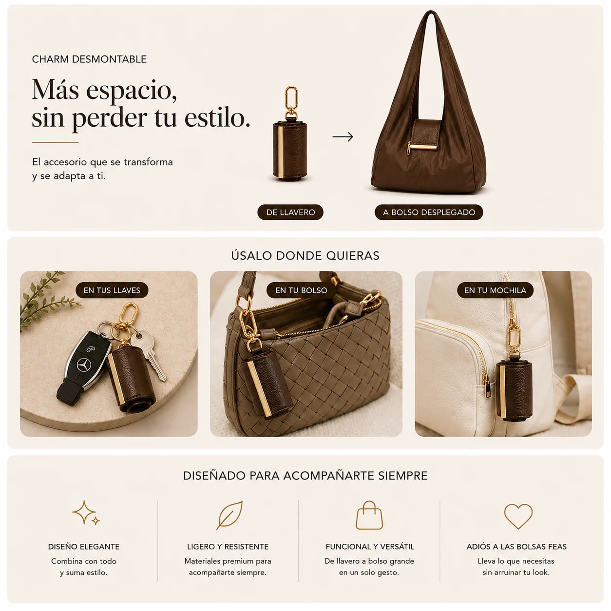 Tyiiplus™ Charm Transformable Bag – Stylish Vegan Leather Tote & Keychain Charm