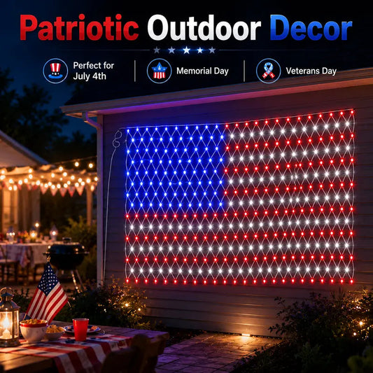 Solar American Flag Net Lights – Waterproof Outdoor LED Patriotic Decorations for 4th of July & Memorial Day