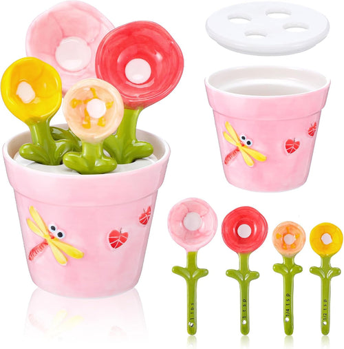 Cute Ceramic Flower Measuring Spoon Set with Pot Holder | 5-Piece Baking Measuring Spoons