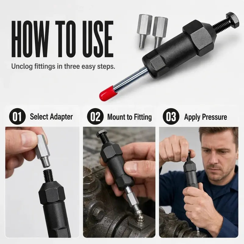 TYIIPLUS™ Heavy-Duty Grease Fitting Cleaner – 600 PSI High-Pressure Grease Gun Unclogging Tool with M6/M8/M10 Adapters