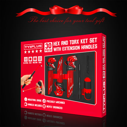 TYIIPLUS 30-Piece Long Arm Ball End L-Hex & Torx Key Set with Grip Handle