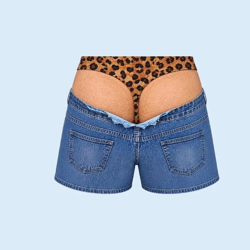 😄Funny Leopard‐Print Fake Denim Swim Shorts | Novelty Illusion Beach Trunks