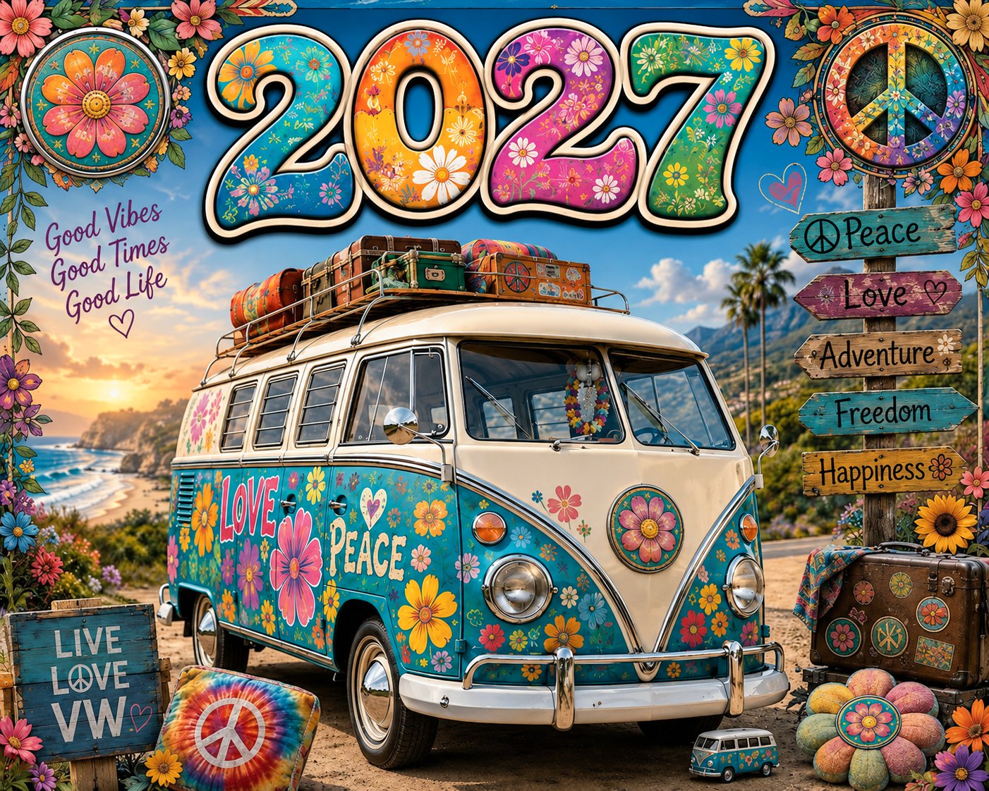 🌼 2027 Hippie Boho Wall Calendar – Retro Road Trip Calendar