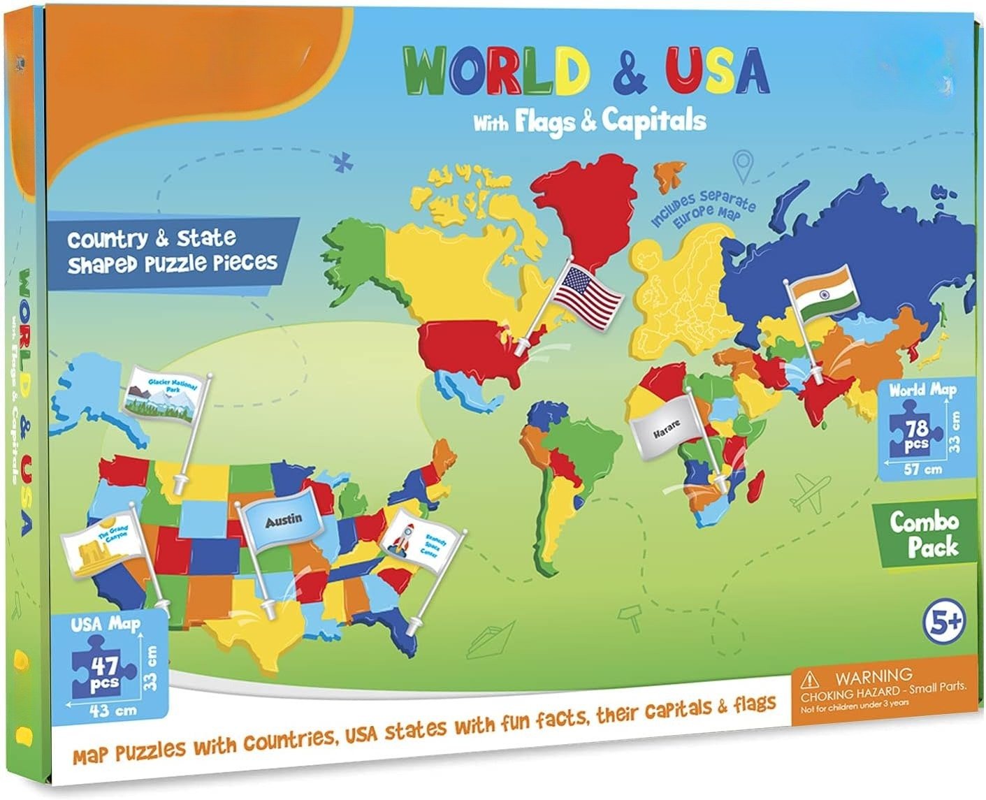 🌍USA & World Map Puzzle with Flags & Capitals 🧩– Educational Geography Jigsaw Toy for Kids Ages 5–12 (STEM Learning Set)