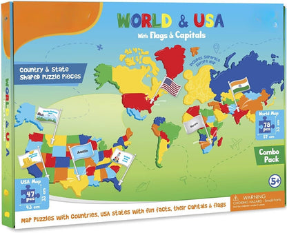 🌍USA & World Map Puzzle with Flags & Capitals 🧩– Educational Geography Jigsaw Toy for Kids Ages 5–12 (STEM Learning Set)