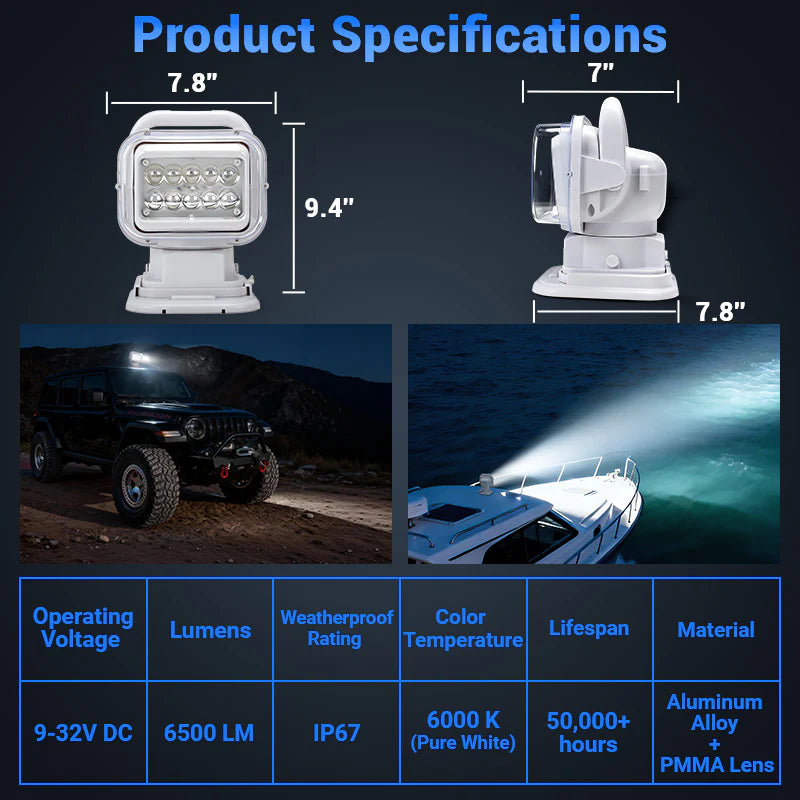 50W Remote Control 360° Rotating LED Searchlight