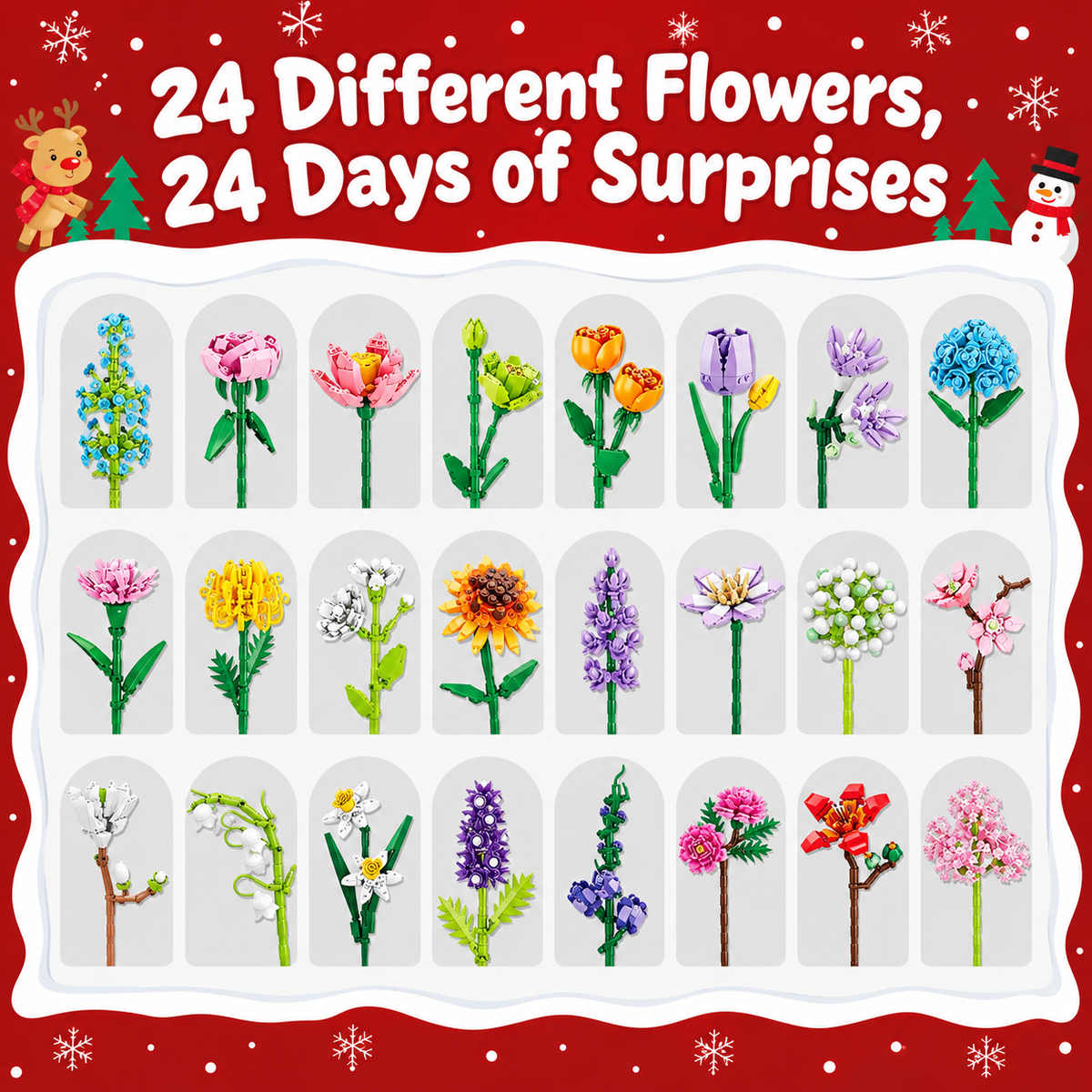24-Day Flower Bouquet Building Blocks Advent Calendar – 24 Different Flowers Christmas Countdown Building Set