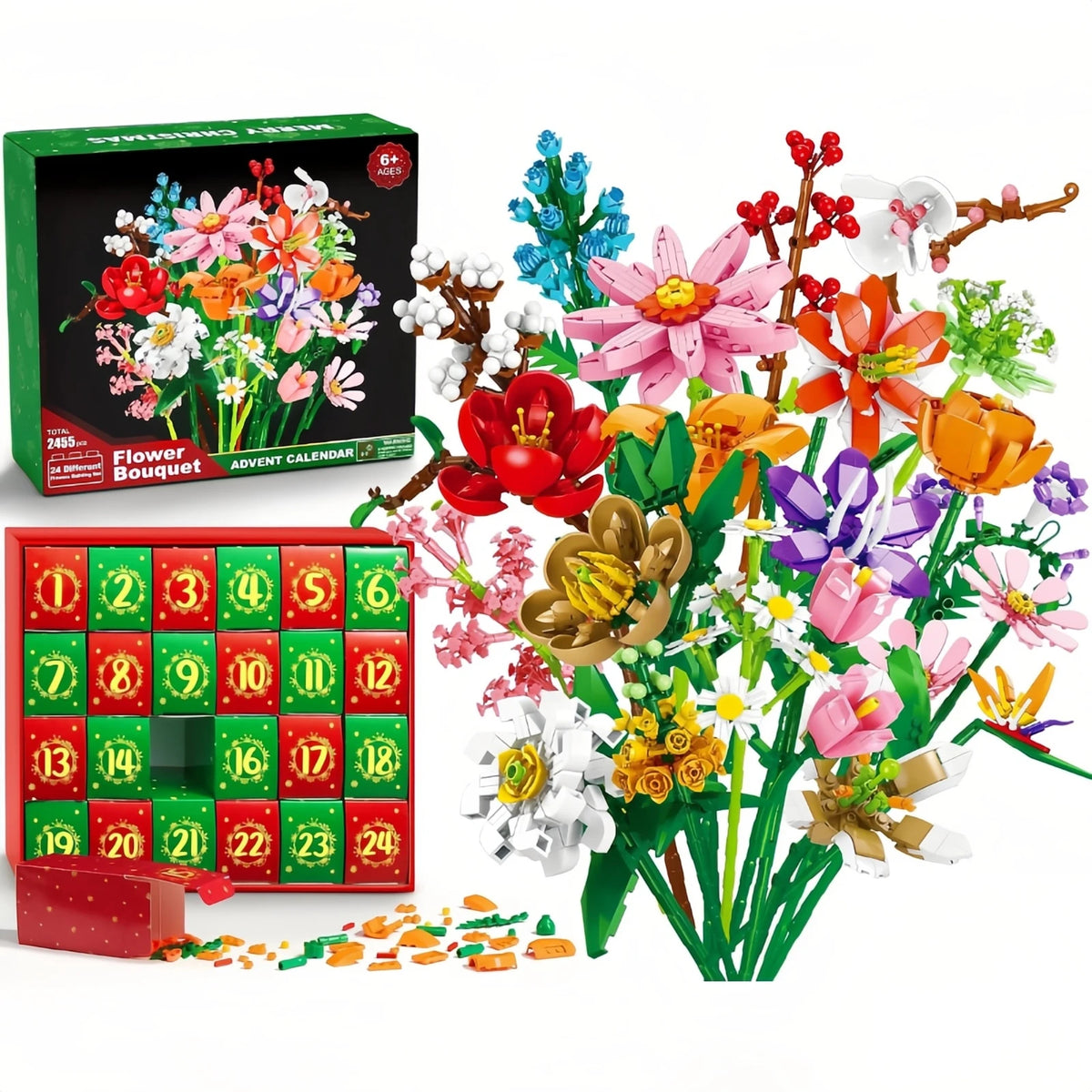 24-Day Flower Bouquet Building Blocks Advent Calendar – 24 Different Flowers Christmas Countdown Building Set