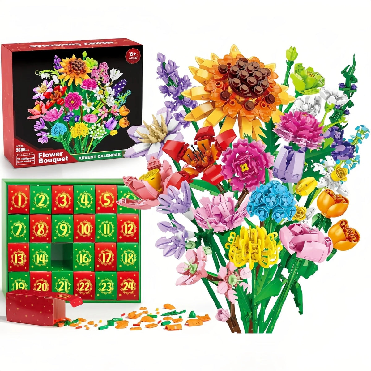 24-Day Flower Bouquet Building Blocks Advent Calendar – 24 Different Flowers Christmas Countdown Building Set