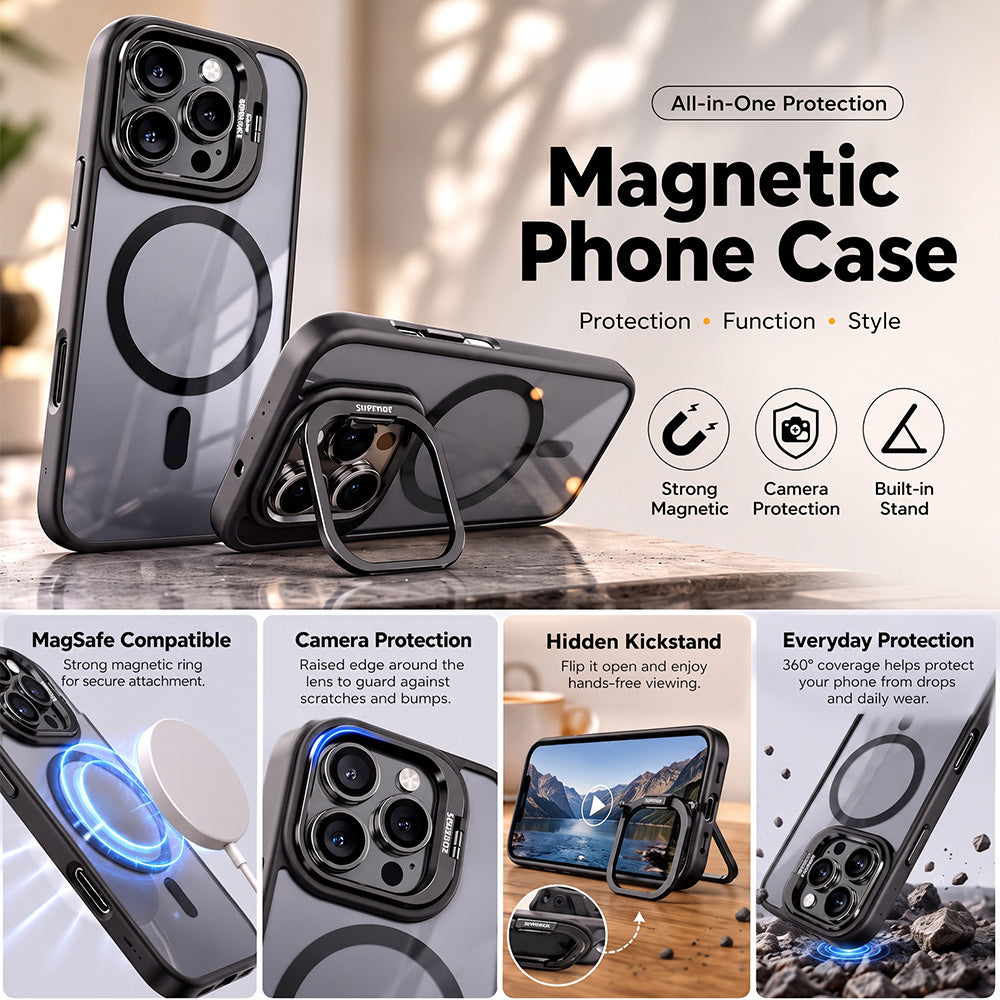 TYIIPLUS™ Magnetic Phone Case with Camera Protection & Built-In Stand