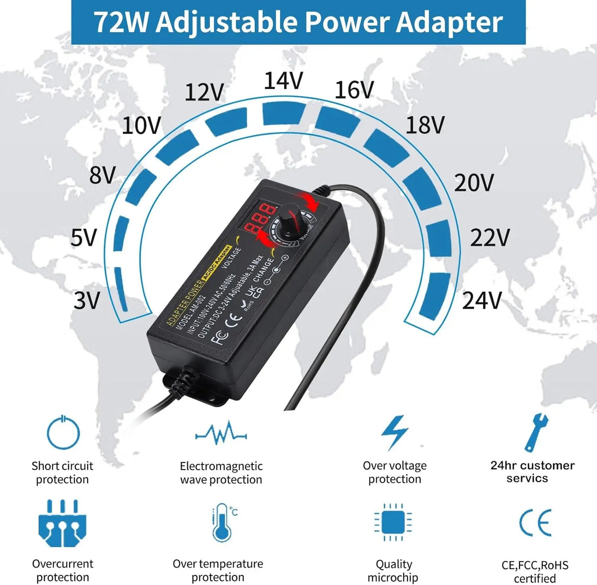 TYIIPLUS Adjustable Universal Power Supply Adapter with 14 Tips & Reverse Polarity Cable