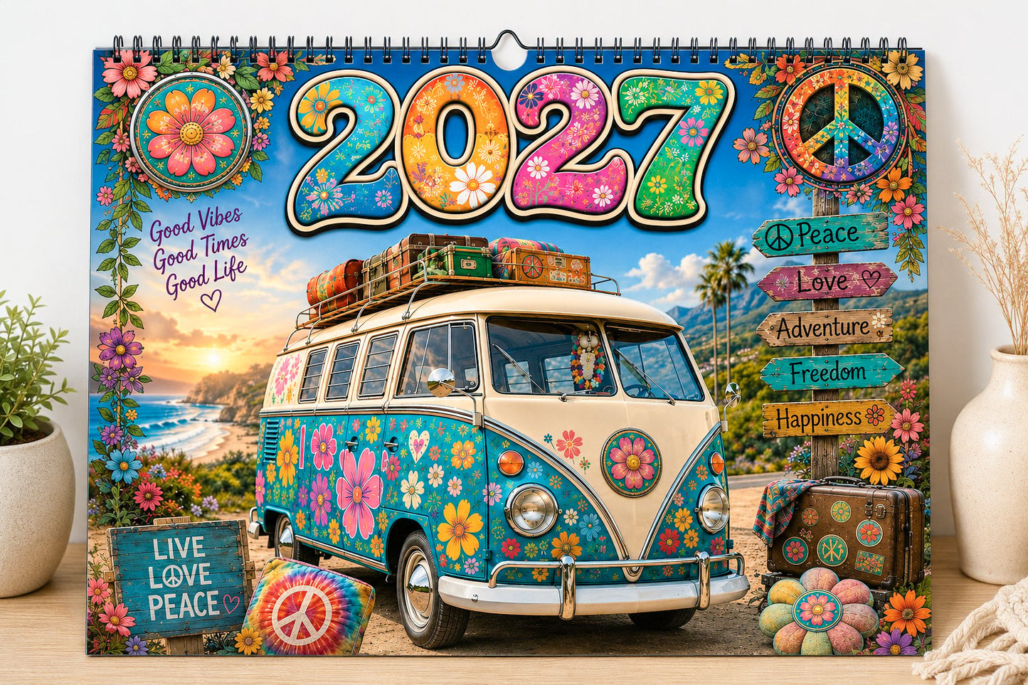 🌼 2027 Hippie Boho Wall Calendar – Retro Road Trip Calendar