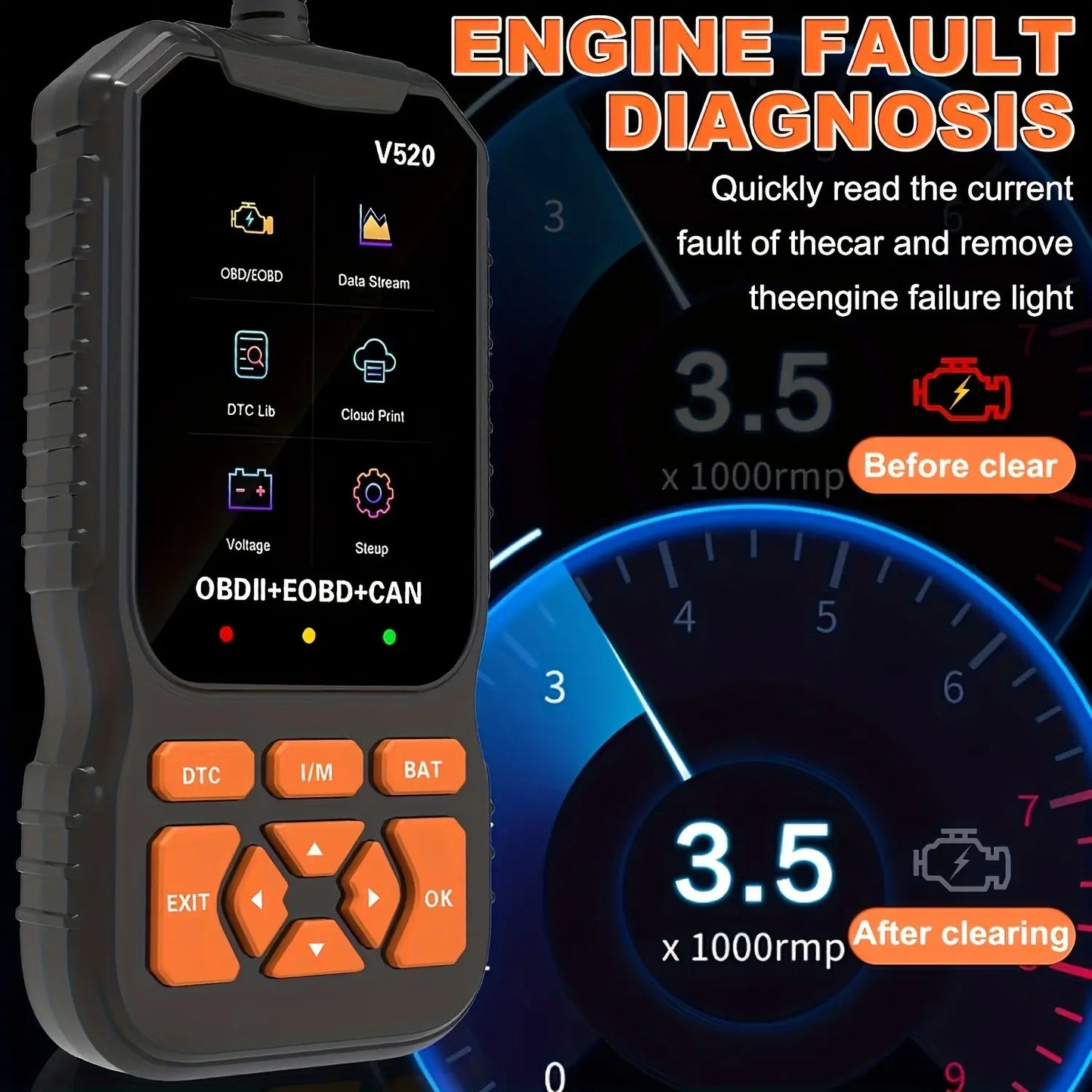 TYIIPLUS V520 OBD2 Scanner Car Diagnostic Tool, Code Reader with Live Data Stream, Battery Voltage Test & I/M Readiness for All OBDII Vehicles