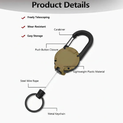 Heavy-Duty Retractable Carabiner Keychain – 65cm Steel Lanyard, 100K Pull Cycles