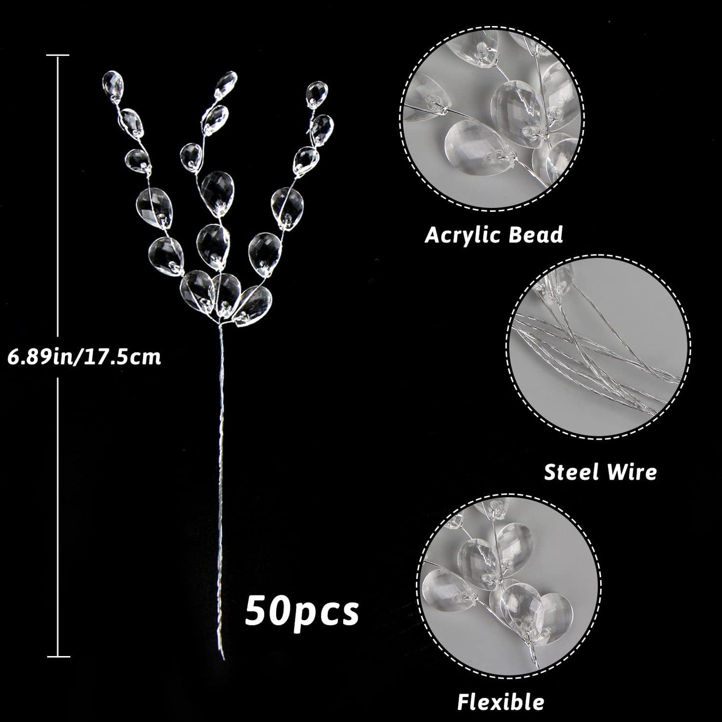 TYIIPLUS™ 50 Pcs Crystal Bead Floral Picks – Sparkling Decorative Stems for Bouquets & Home Decor