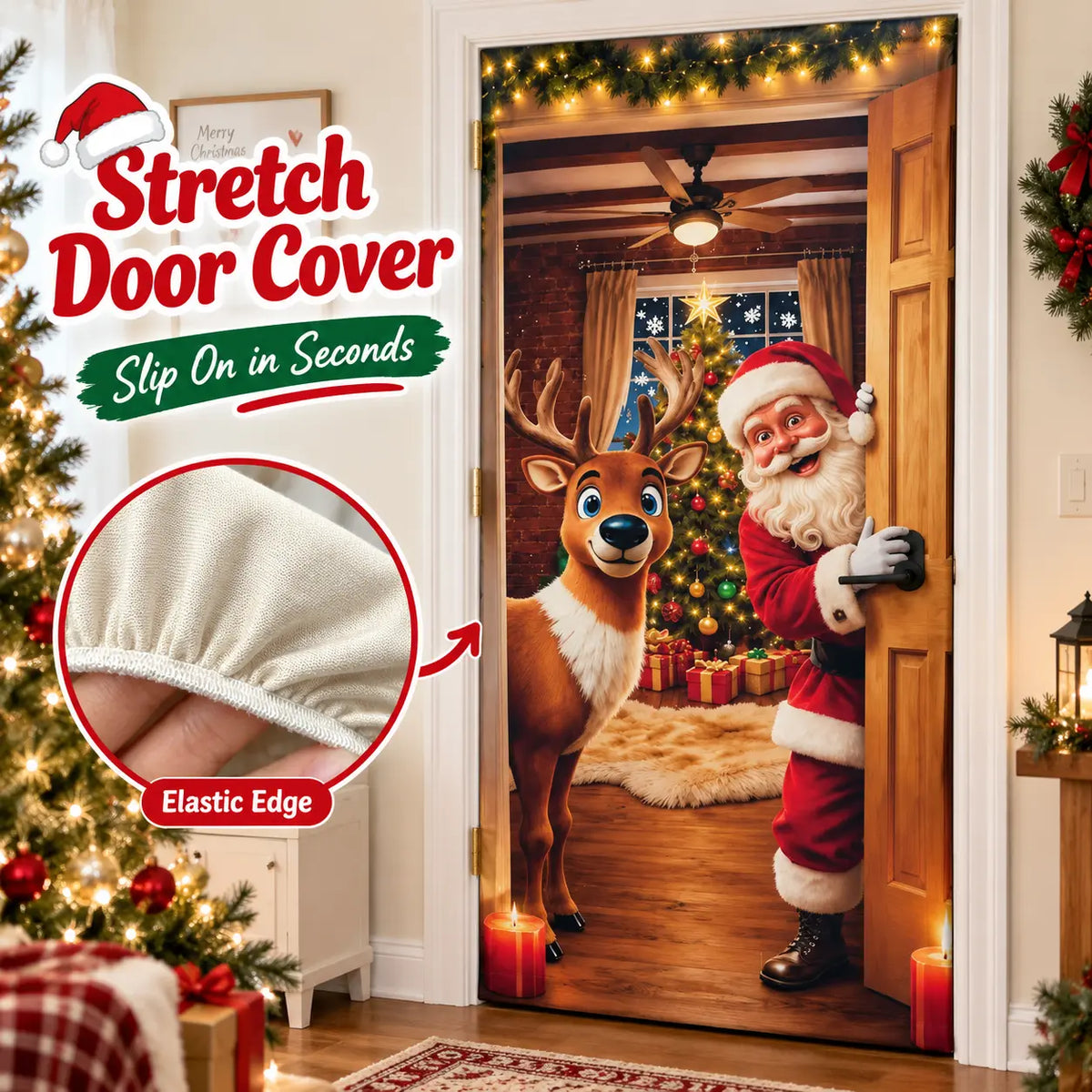 Christmas Door Cover – Stretchable Santa & Reindeer Door Decoration