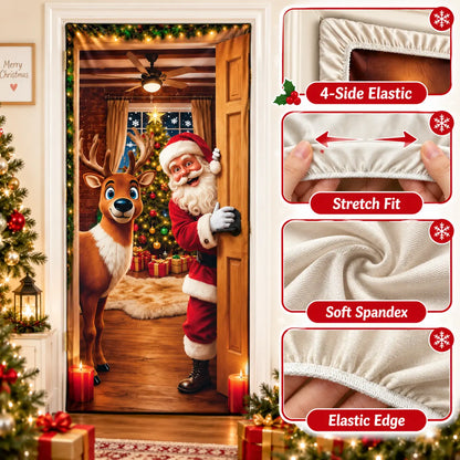 Christmas Door Cover – Stretchable Santa & Reindeer Door Decoration