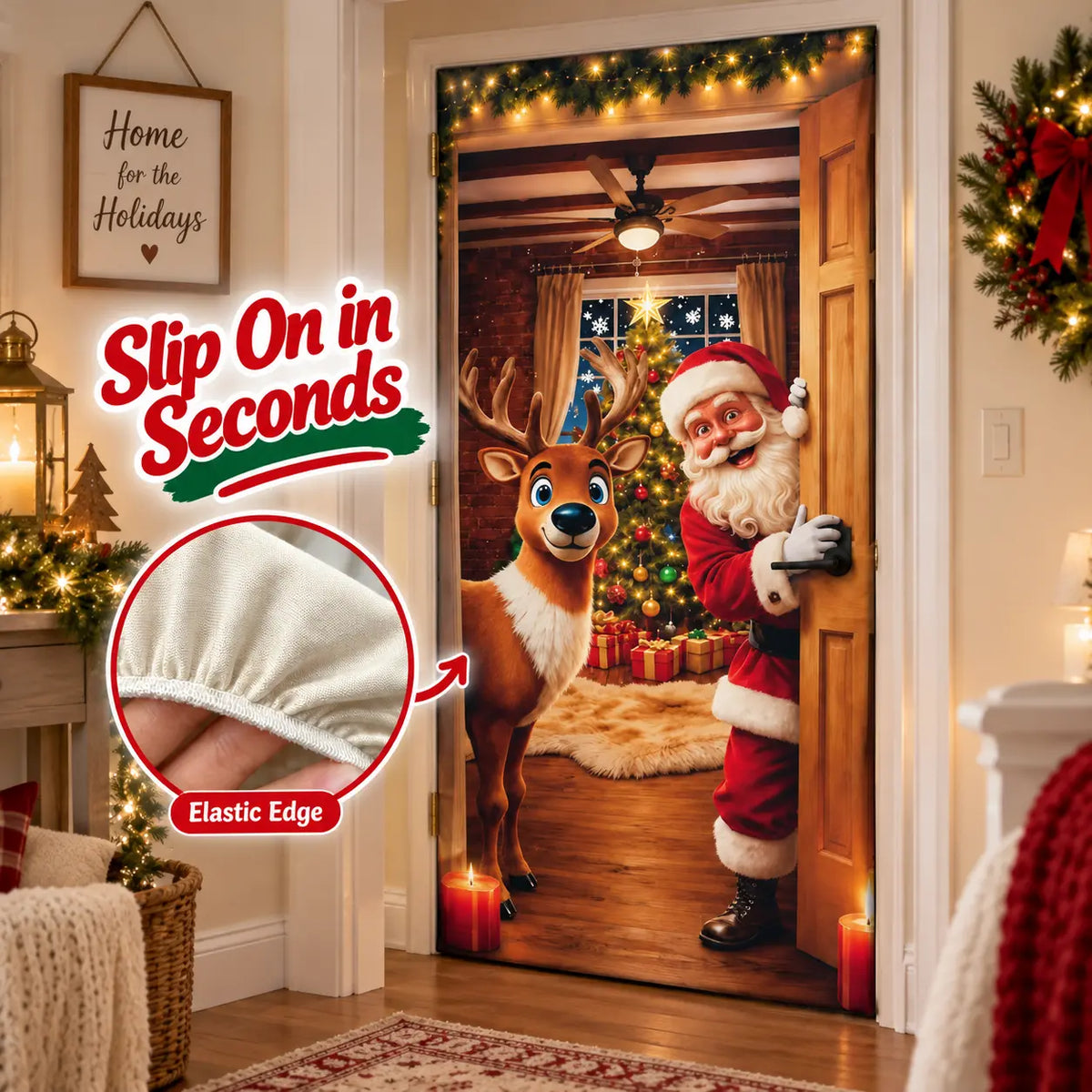 Christmas Door Cover – Stretchable Santa & Reindeer Door Decoration