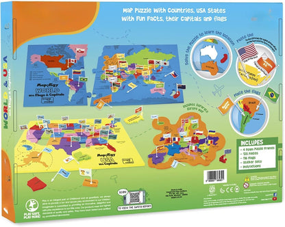 🌍USA & World Map Puzzle with Flags & Capitals 🧩– Educational Geography Jigsaw Toy for Kids Ages 5–12 (STEM Learning Set)