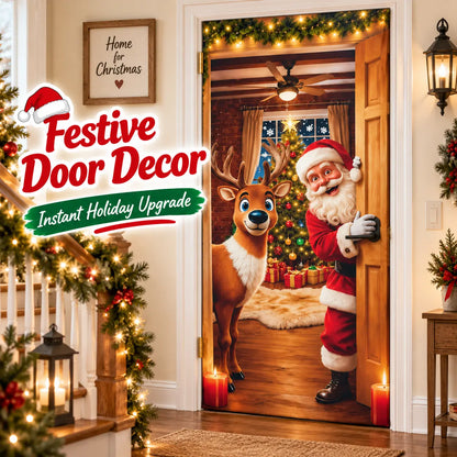 Christmas Door Cover – Stretchable Santa & Reindeer Door Decoration