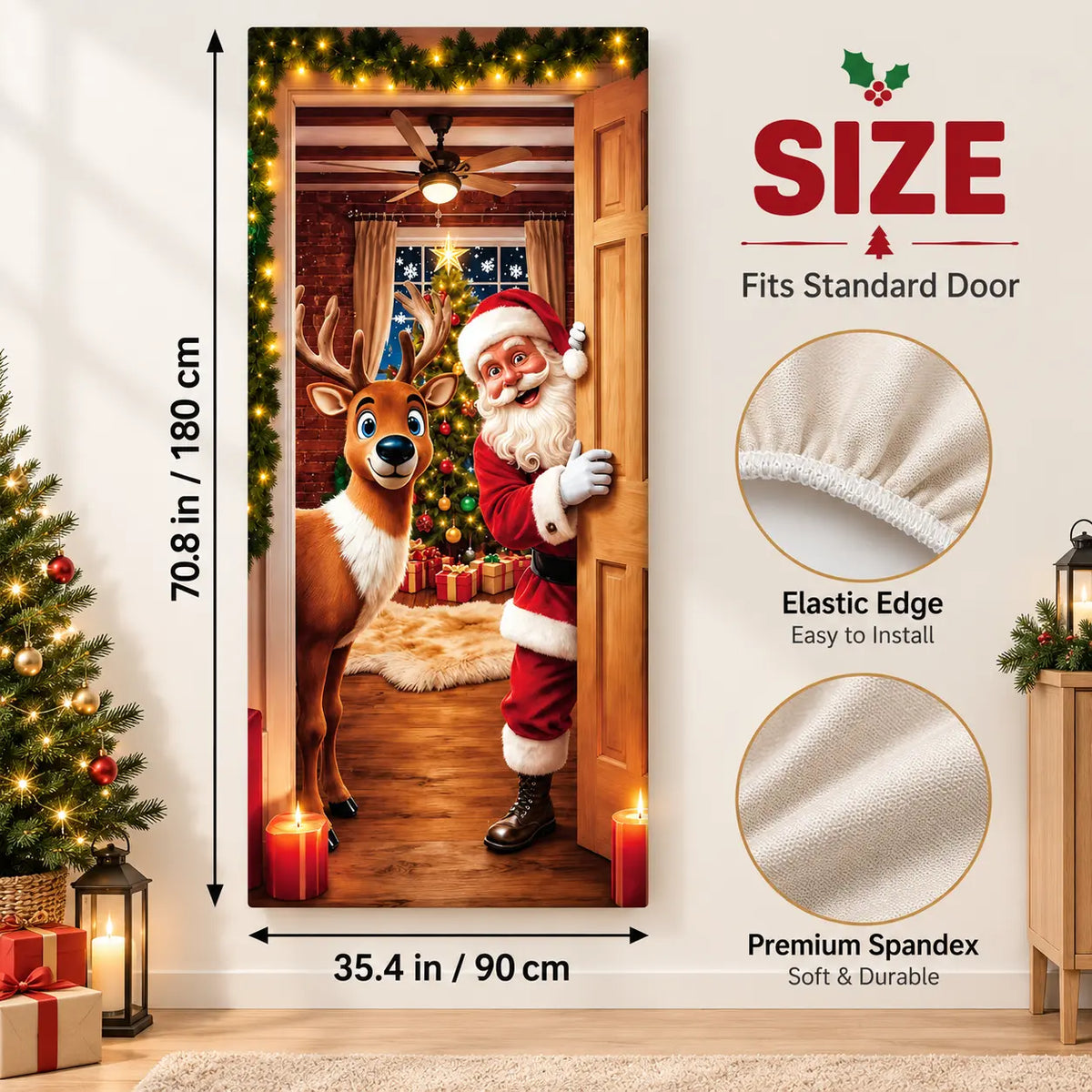 Christmas Door Cover – Stretchable Santa & Reindeer Door Decoration