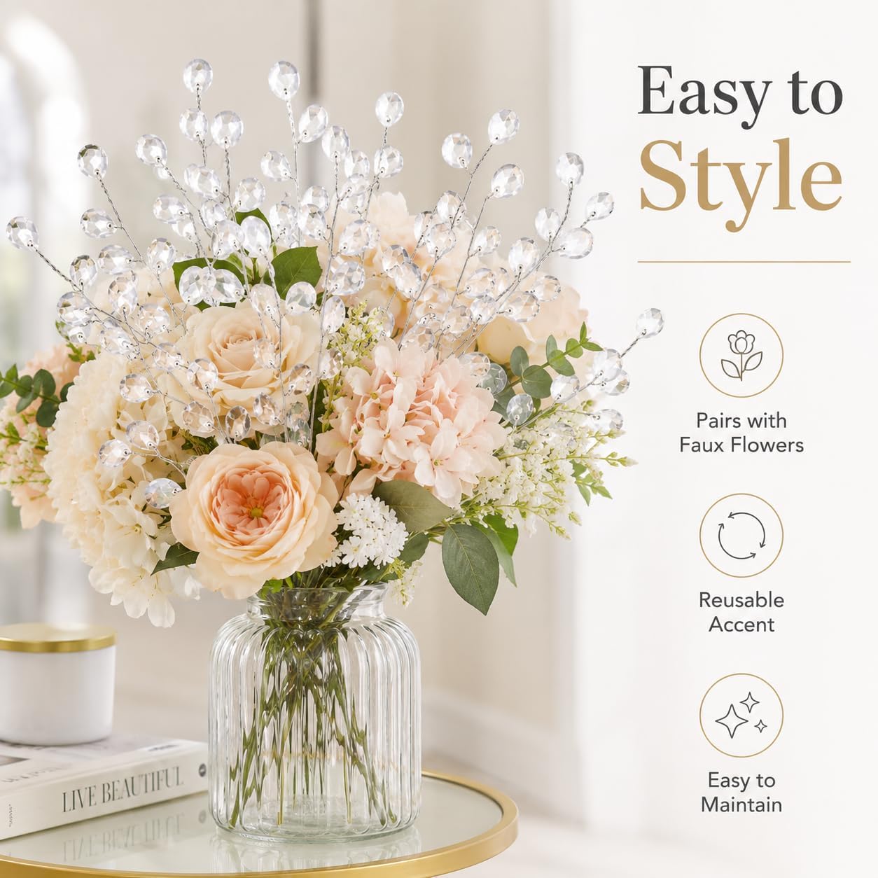TYIIPLUS™ 50 Pcs Crystal Bead Floral Picks – Sparkling Decorative Stems for Bouquets & Home Decor