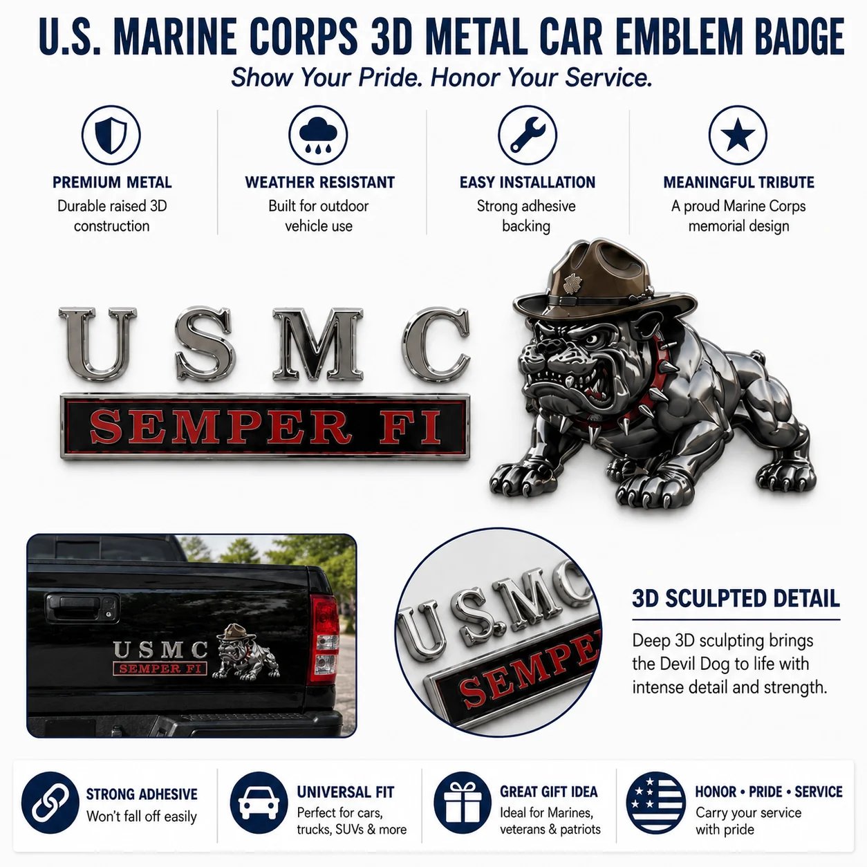 U.S. Marine Corps Semper Fi Devil Dog Car Emblem Metal Badge