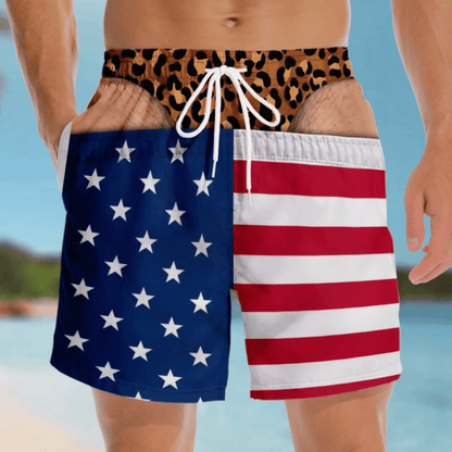 Funny Patriotic Men's Swim Trunks - "Warning Wide Load" Funny Design, Great Gift for Men