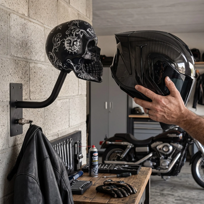 TYIIPLUS™ Skull Motorcycle Helmet Holder – Punk Skull Wall Mount Rack for Helmets, Jackets & Garage Decor