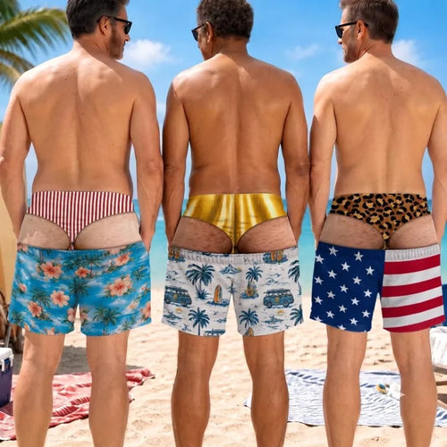 Funny Patriotic Men's Swim Trunks - "Warning Wide Load" Funny Design, Great Gift for Men