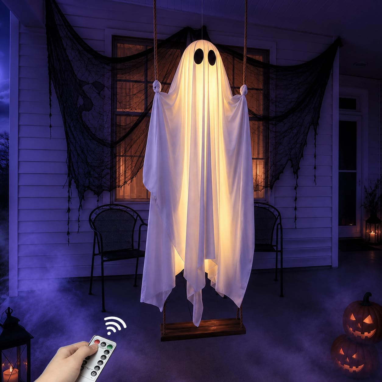 Halloween Decorations Outdoor - 5FT Large Hanging Ghost Swing with Remote Control String Lights