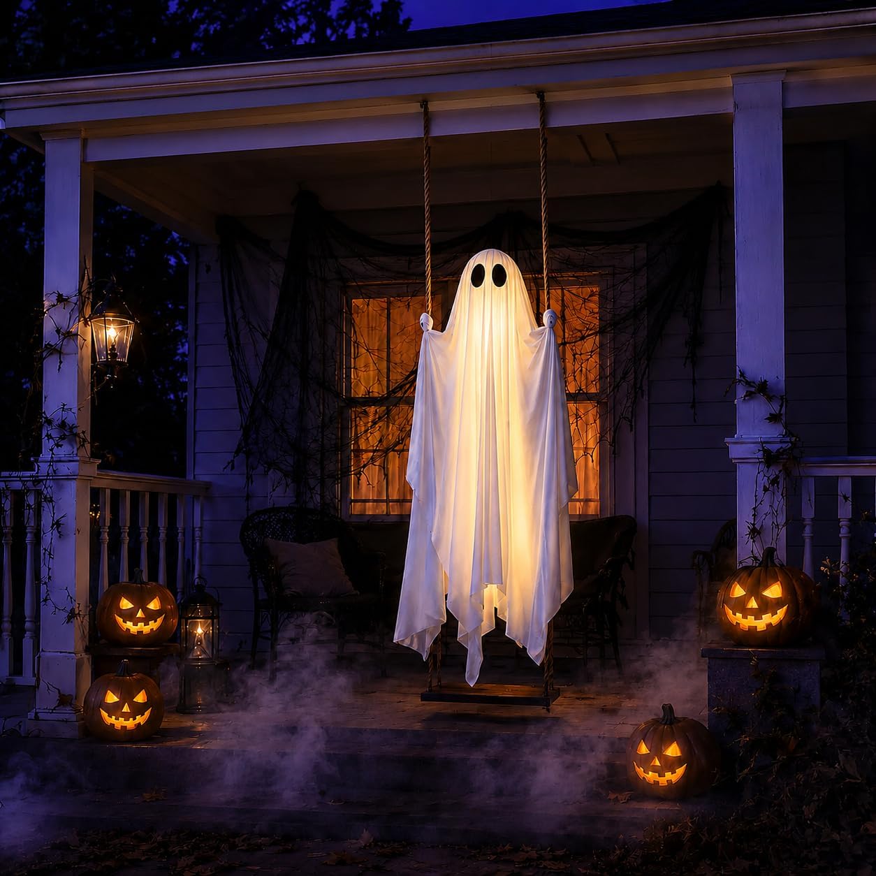 Halloween Decorations Outdoor - 5FT Large Hanging Ghost Swing with Remote Control String Lights