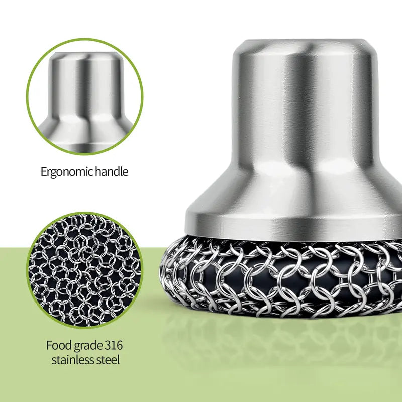 Ultimate Cast Iron Chainmail Scrubber Set with Ergonomic Handle & 2 Pan Scrapers