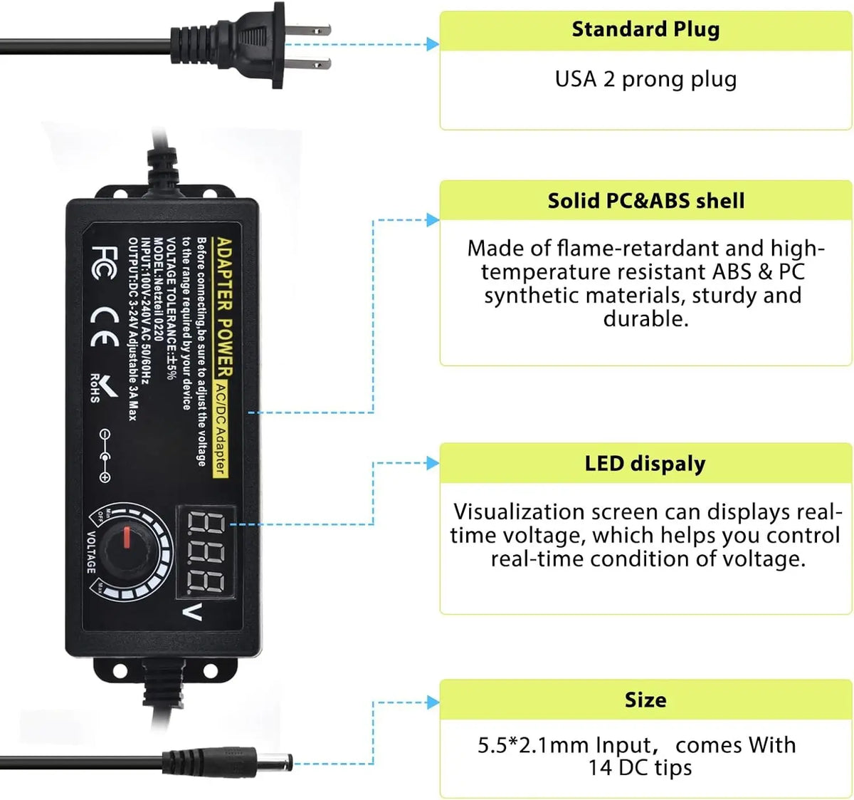 TYIIPLUS Adjustable Universal Power Supply Adapter with 14 Tips & Reverse Polarity Cable