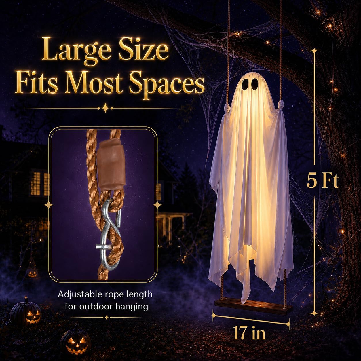 Halloween Decorations Outdoor - 5FT Large Hanging Ghost Swing with Remote Control String Lights