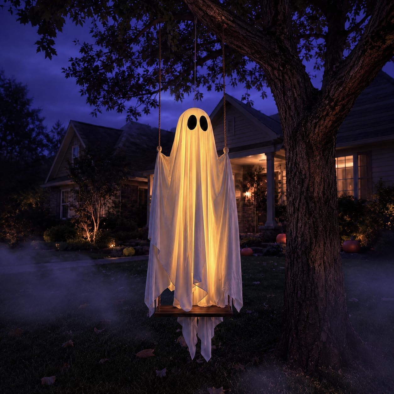 Halloween Decorations Outdoor - 5FT Large Hanging Ghost Swing with Remote Control String Lights