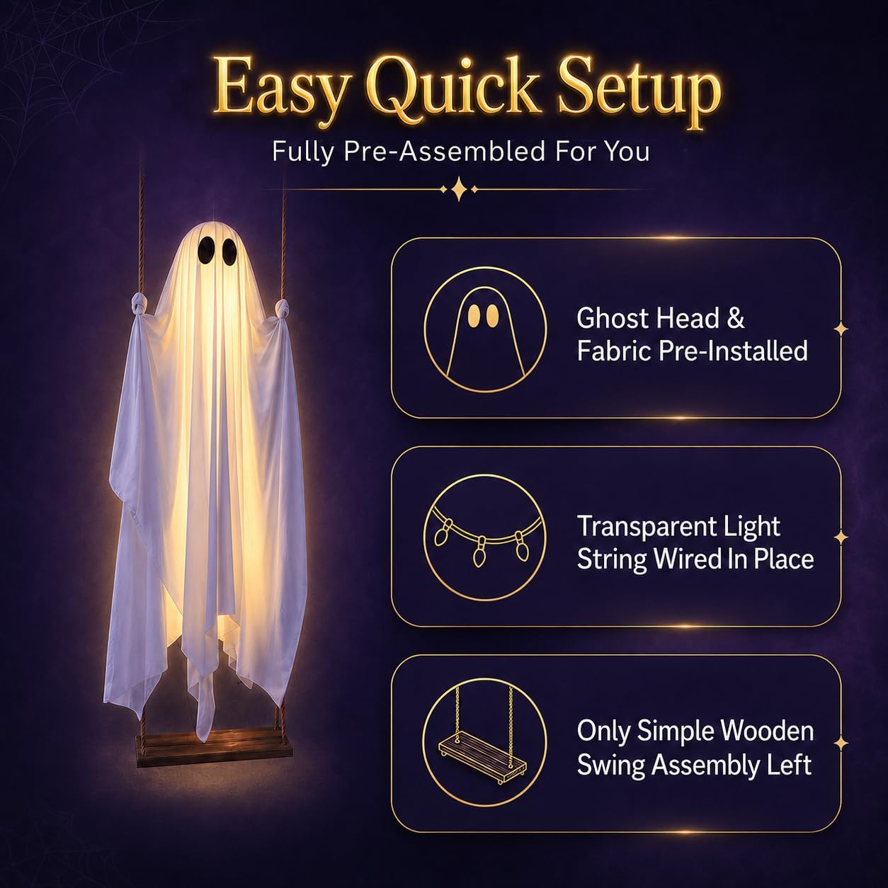 Halloween Decorations Outdoor - 5FT Large Hanging Ghost Swing with Remote Control String Lights