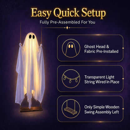 Halloween Decorations Outdoor - 5FT Large Hanging Ghost Swing with Remote Control String Lights