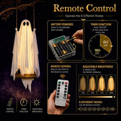 Halloween Decorations Outdoor - 5FT Large Hanging Ghost Swing with Remote Control String Lights