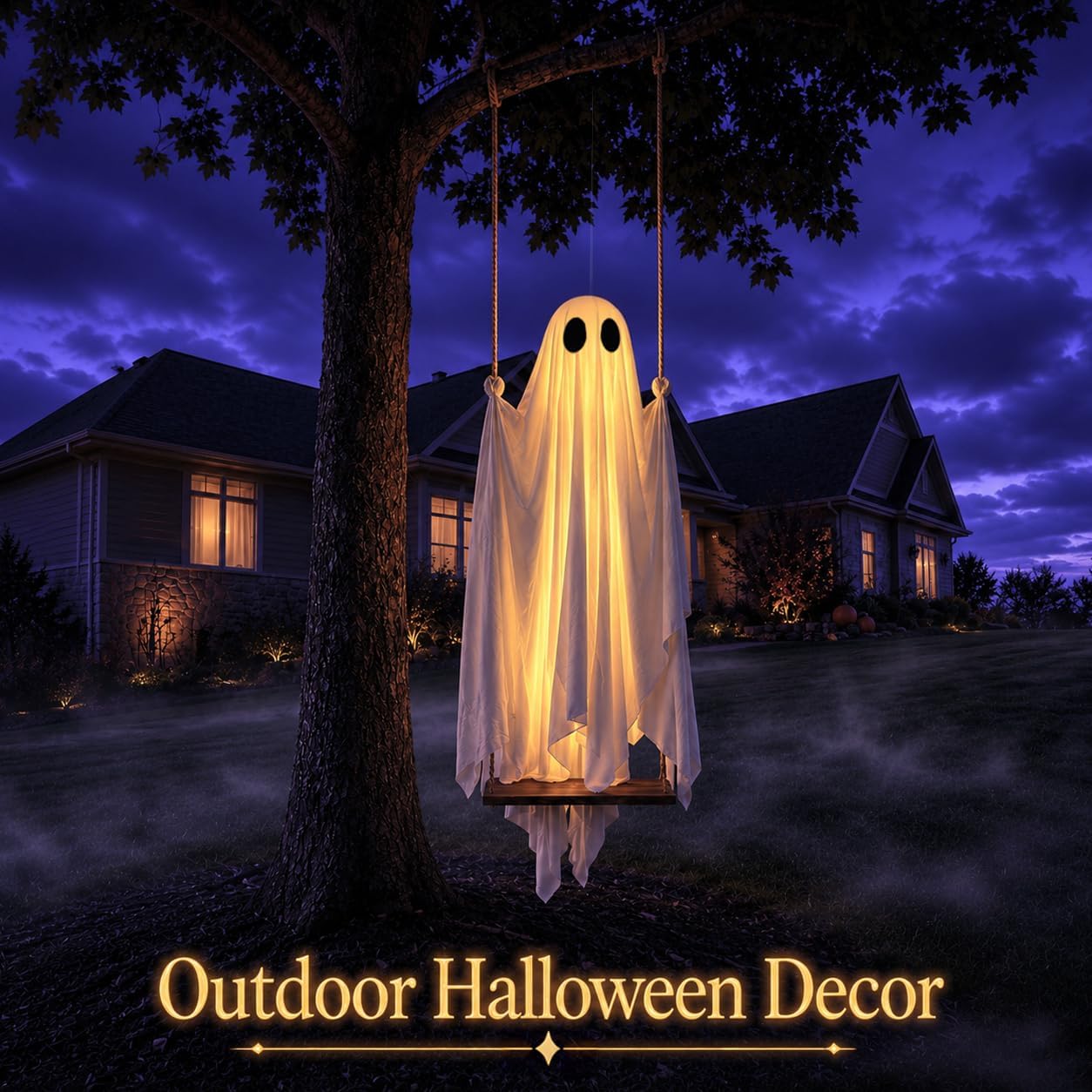 Halloween Decorations Outdoor - 5FT Large Hanging Ghost Swing with Remote Control String Lights