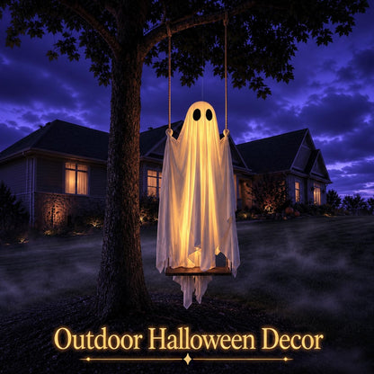 Halloween Decorations Outdoor - 5FT Large Hanging Ghost Swing with Remote Control String Lights