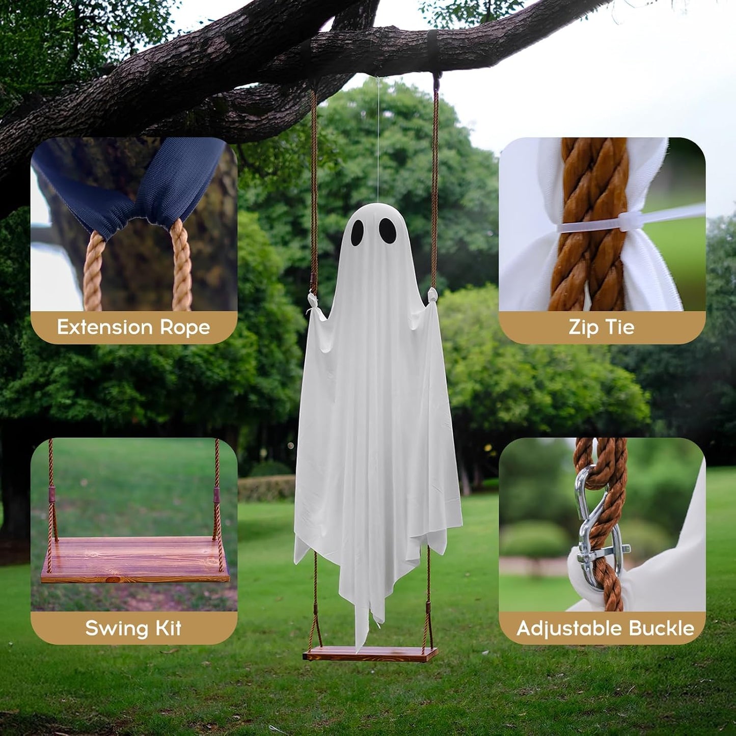 Halloween Decorations Outdoor - 5FT Large Hanging Ghost Swing with Remote Control String Lights