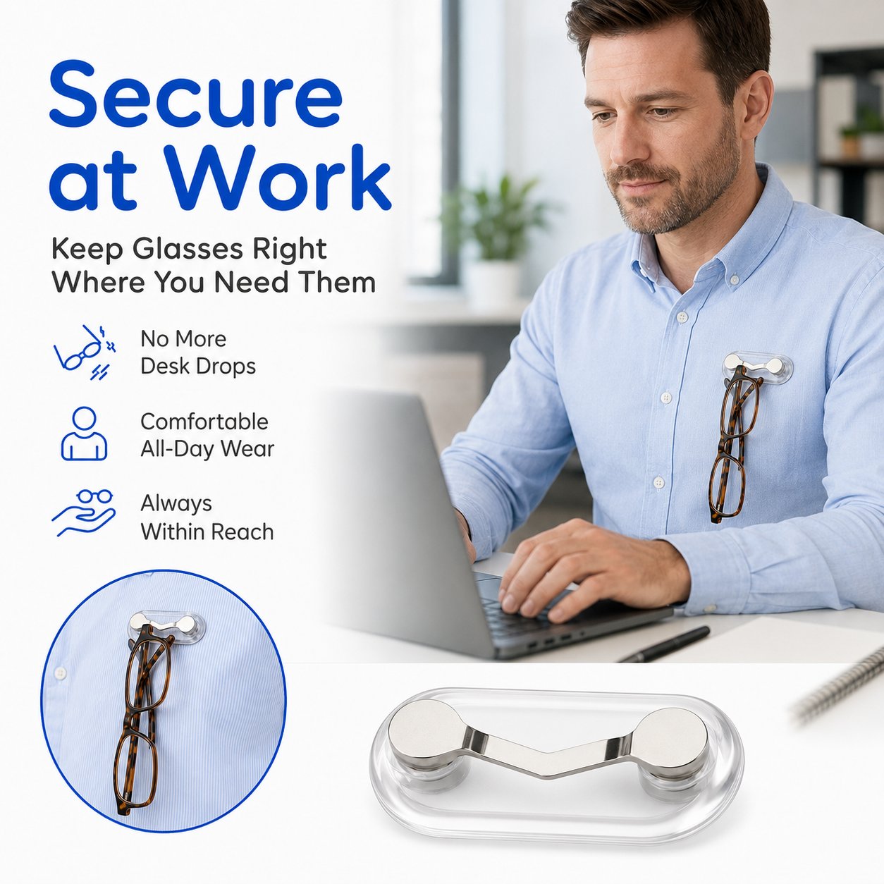 🧲 Magnetic Eyeglass Holder Clip, Universal Glasses Hanger for Readers, Blue Light Glasses & Sunglasses, No More Lost Eyewear