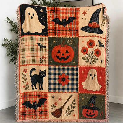Halloween Patchwork Woven Throw Blanket with Tassels