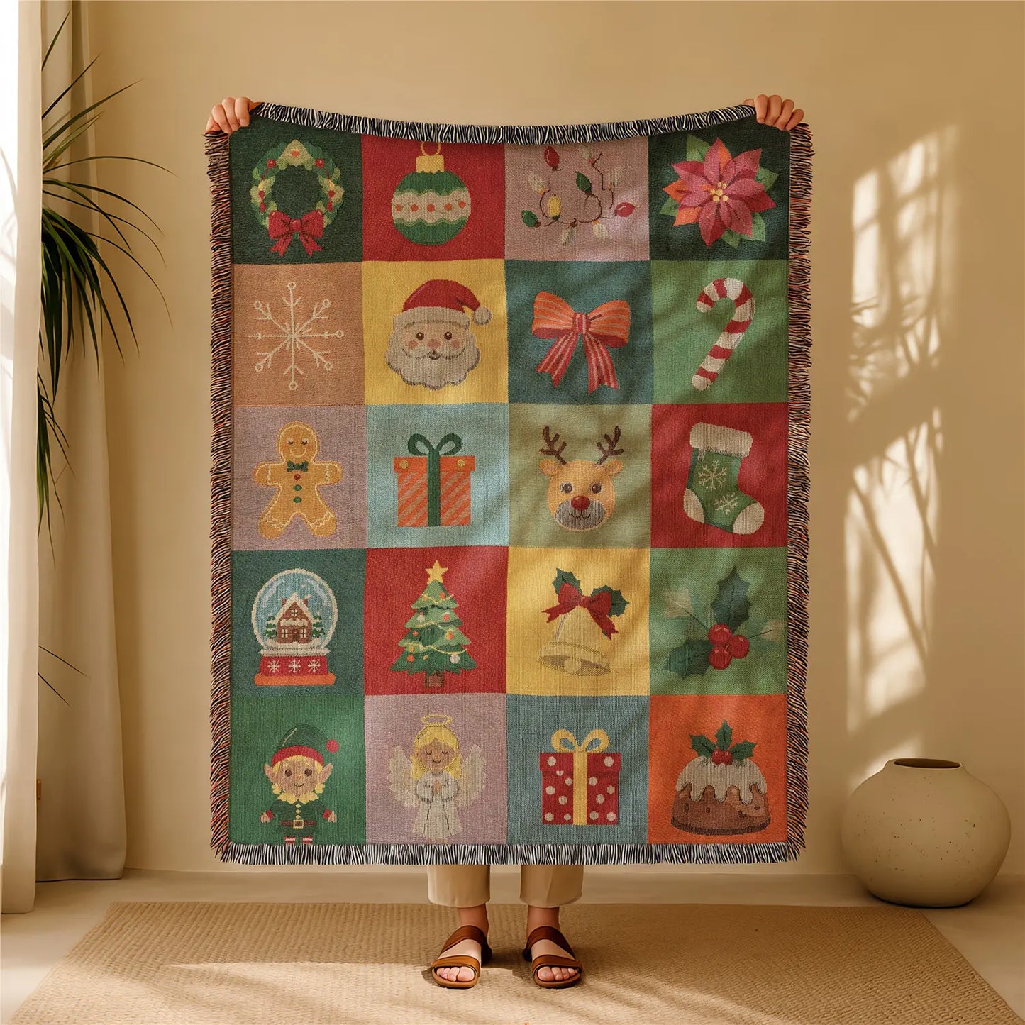 Halloween Patchwork Woven Throw Blanket with Tassels