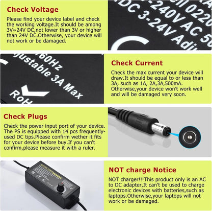 TYIIPLUS Adjustable Universal Power Supply Adapter with 14 Tips & Reverse Polarity Cable