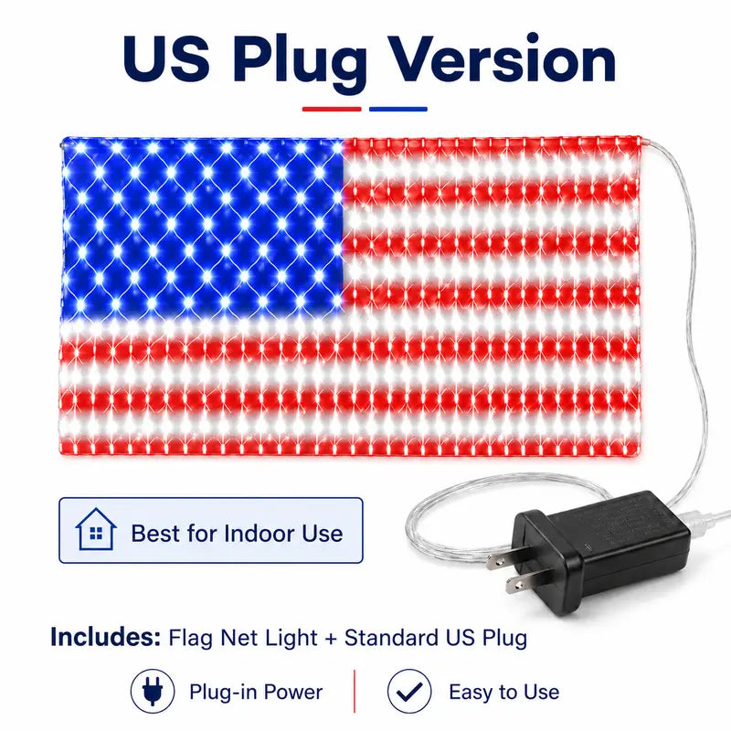 Solar American Flag Net Lights – Waterproof Outdoor LED Patriotic Decorations for 4th of July & Memorial Day